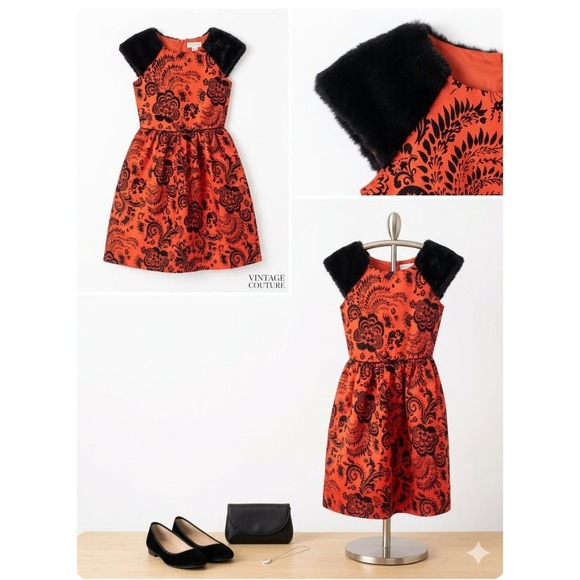 wonder nation Other - Wonder Nation Girls Red Black Damask Faux Fur Holiday Party Dress Size 12